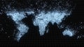Disintegrating blue circuitry world map dissolving into binary data