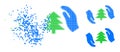 Disintegrating Pixelated Fir Tree Care Hands Icon with Halftone Version