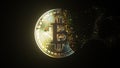 Disintegration of a BTC bitcoin token. Cryptocurrency collapse related conceptual 3D rendering