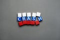 Wooden cubes with text concept crash blocks collapsed Russian federation crisis. Cubes crash text isolated flag Russia