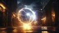 Disintegration, destruction of ball lightning on street of night city. Powerful electrical discharges, plasma clots.