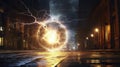 Disintegration, destruction of ball lightning on street of night city. Powerful electrical discharges, plasma clots.