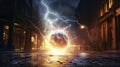 Disintegration, destruction of ball lightning on street of night city. Powerful electrical discharges, plasma clots