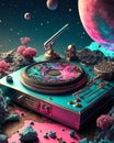 Disk jockey with galaxsy background Royalty Free Stock Photo