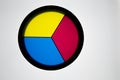 Disk with 3 primary colors, (yellow, blue and red) on a white ba Royalty Free Stock Photo