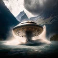 a disk-shaped UFO flies out of the water at high speed, splashes are heard, exciting, wind, around the alien cobra.