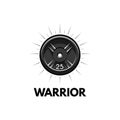 Disk weight, barbell disk. Fitness badge. Warrior inscriptions. Sport icon Vector.