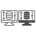 Disks on monitor screen line and solid icon, data encryption and storage concept. Vector graphics. Digital backup sign Royalty Free Stock Photo