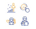 Dislike, Stats and Woman love icons set. Woman read sign. Vector