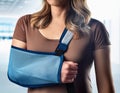 A dislocated shoulder immobilized in a sling, illustrating the immobilization required for joint injuries Royalty Free Stock Photo