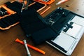 Dismantle laptop with tools and battery, display, hard disk and other components