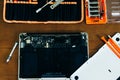Dismantle laptop with tools and battery, display, hard disk and other components Royalty Free Stock Photo