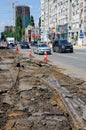 Dismantling of old tram rails. Kirovsky avenue, Rostov-on-Don, Russia. August 2, 2016