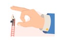 Dismissal, Business Betrayal, Huge Hand Trying to Throw Down Tiny Businessman Stand on Top of Ladder. Unethical Partner