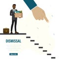 Dismissal, landing page. Fired worker with box in hands. Big hand points down stairs. Reduction of number of employees