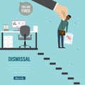 Dismissal, landing page. Fired worker with box in hands. Big hand points down stairs. Reduction of number of employees