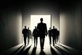 Dismissal, layoffs in Big Tech. Tech workers mass layoffs. Silhouettes of man go to the exit from the office. AI generative