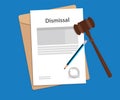 Dismissal text on stamped paperwork illustration with judge hammer and folder document with blue background