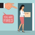 Dismissed employee, fired from job vector illustration. Big businessman hand points to woman with box who leave work.