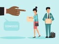 Dismissed employees with boxes vector illustration. Fired man and woman leave work. Dismiss frustrated business person