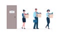 Dismissed employees leave the closed enterprise. Vector illustration of job loss. Men and women with boxes in their