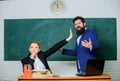 Dismissed objection. School teacher and parent. Stop talking to me. Criticism and objection concept. Teacher wants man Royalty Free Stock Photo