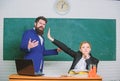 Dismissed objection. School teacher and parent. Stop talking to me. Criticism and objection concept. Teacher wants man Royalty Free Stock Photo