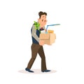 Dismissed Sad Man Carry Carton Box with Belongings