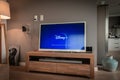 Disney+ startscreen on tv. Disney+ online video, content streaming subscription service. Disney plus, Star wars, Marvel, Pixar, Na Royalty Free Stock Photo