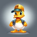 Disney type Duck realistic mascot image wearing cool t-shirt and hat