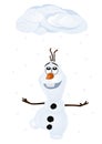 Disney vector illustration of Olaf with snow falling from a cloud above him, isolated on white background, snowman, frozen Royalty Free Stock Photo