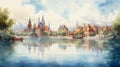 Disney Village On A Lake Watercolor Painting