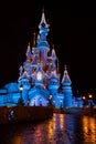 Disneyland Paris Castle at night with Christmas decorations Royalty Free Stock Photo