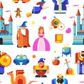Disneyland princess and wizards, castle seamless pattern vector.