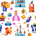 Disneyland princess and wizards, castle seamless pattern vector