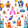 Disneyland princess and wizards, castle seamless pattern vector.