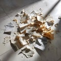 A Disordered Pile of Torn Paper Fragments Scattered on a Bright Marble Floor Emphasizing Chaos and Disarray in Daily Life Royalty Free Stock Photo