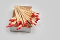 Disordered red head matches in a white opened box on white background Royalty Free Stock Photo
