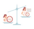 Disorganized Young Woman is on One Side of Scales, Punctual Person on the Other, Bad and Good Habits Flat Vector