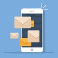 Dispatch of emails from a mobile phone. Mail client on the smartphone. Flat vector illustration isolated on blue