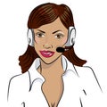 Dispatcher. The image of the smiling african woman talking on a headphone.