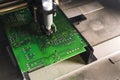 Dispencer machine used on surface of PCB printed circuit board in soldering process. Soldering paste. Assembling. Modern