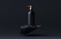 Dispenser bottle on black stone. Ads cosmetic template mockup realistic bottle with airless pump, container for liquid gel, soap, Royalty Free Stock Photo