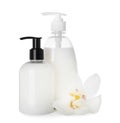 Dispensers of liquid soap and orchid flower on white background Royalty Free Stock Photo