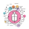 Dispensing bottle cleaning service silhouette in circular frame with color bubbles and decorative stars and lines on