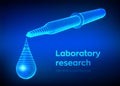 Dispensing pipette with emerging drop. Laboratory research. Wireframe medical pipette with liquid and falling droplet. Scientific