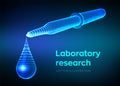 Dispensing pipette with emerging drop. Laboratory research. Wireframe medical pipette with liquid and falling droplet. Scientific