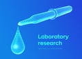 Dispensing pipette with emerging drop. Laboratory research. Wireframe medical pipette with liquid and falling droplet. Scientific