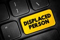 Displaced Person - who have been obliged to flee or to leave their homes or places of habitual residence, text button on keyboard