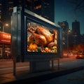 Display ad with a city background showing a roasted turkey, with blocks, skyscrapers, cars, streets in the background. Turkey as